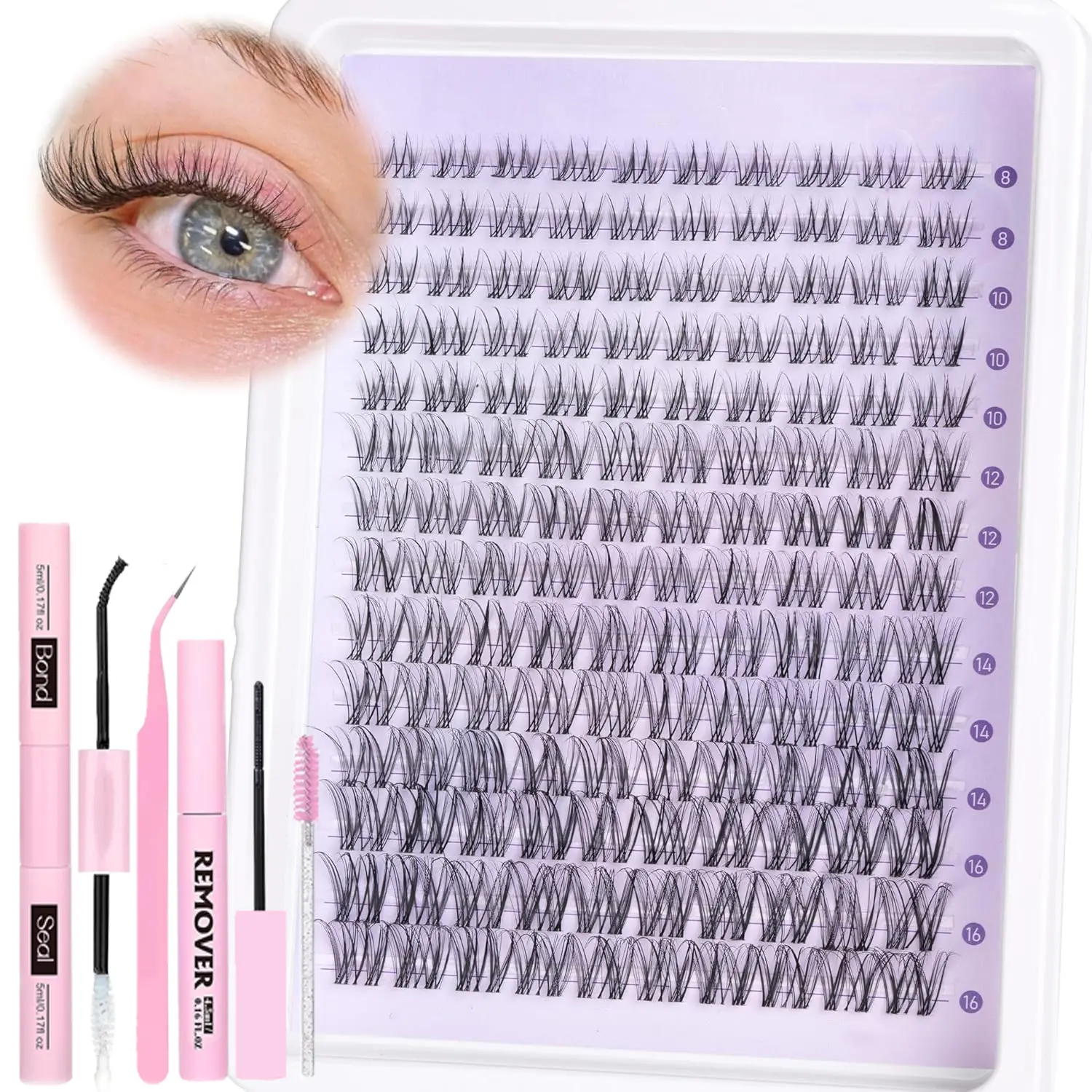 132 Pcs Voluminous False Eyelashes Set, 8-16 Mm Mixed Length, Fluffy Natural Look, D Curl, Waterproof Glue Eyelash Tweezers Included, Perfect for Christmas Festival, Fluffy Eyelash Clusters, Volumized False Eyelashes, Fluffy Volume Eyelashes