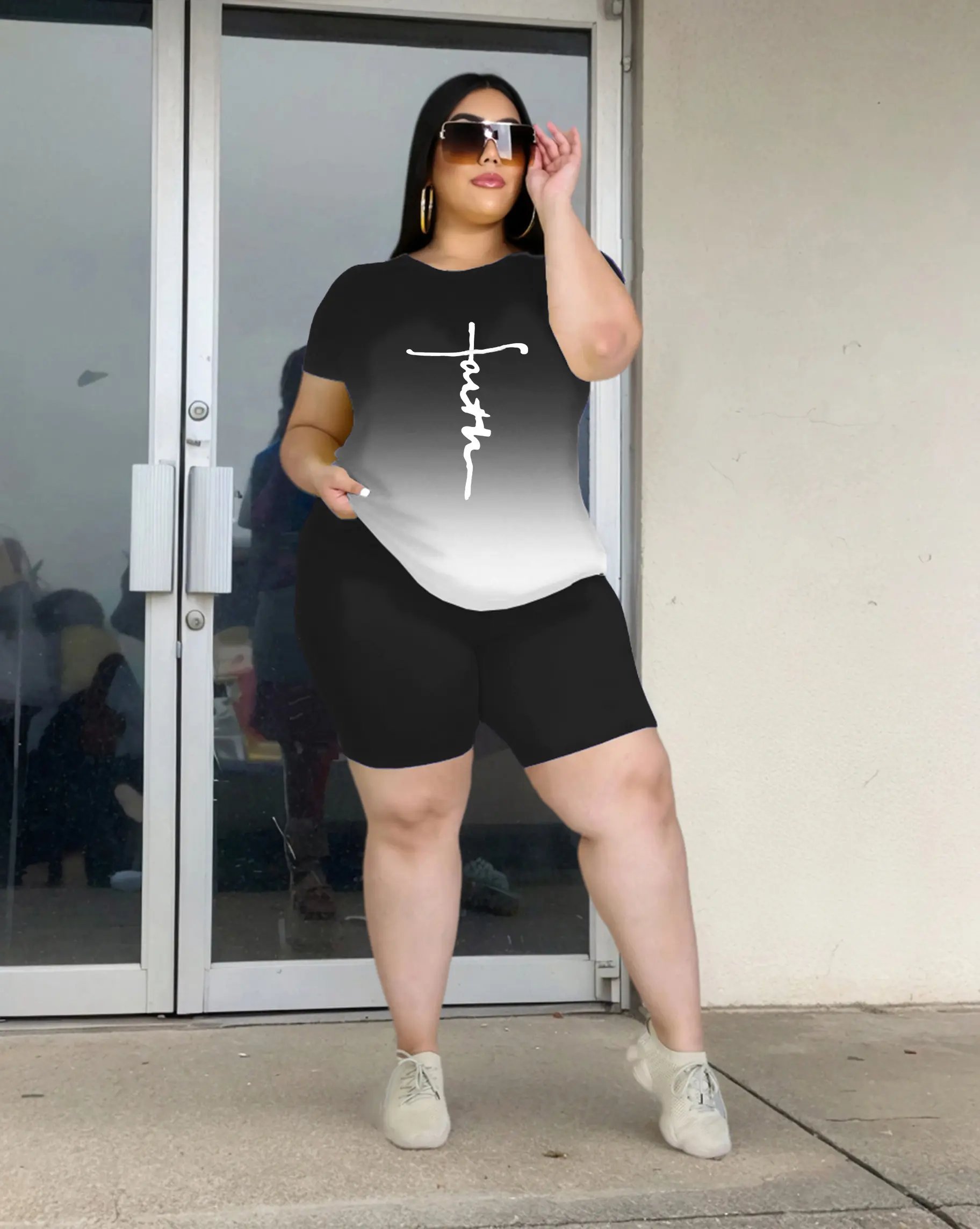 YBoutique PLUS SIZE Women's Summer Slim Fit 2 Piece Set | Milk Silk Brushed Knit Print Top & Shorts for Curves