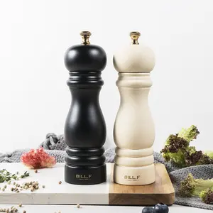 Bill.F Salt and Pepper Grinder Set, 7.7" Manual Wooden Grinders with Adjustable Ceramic Core, Matte Black & Cream Spice Mills for Kitchen & Dining