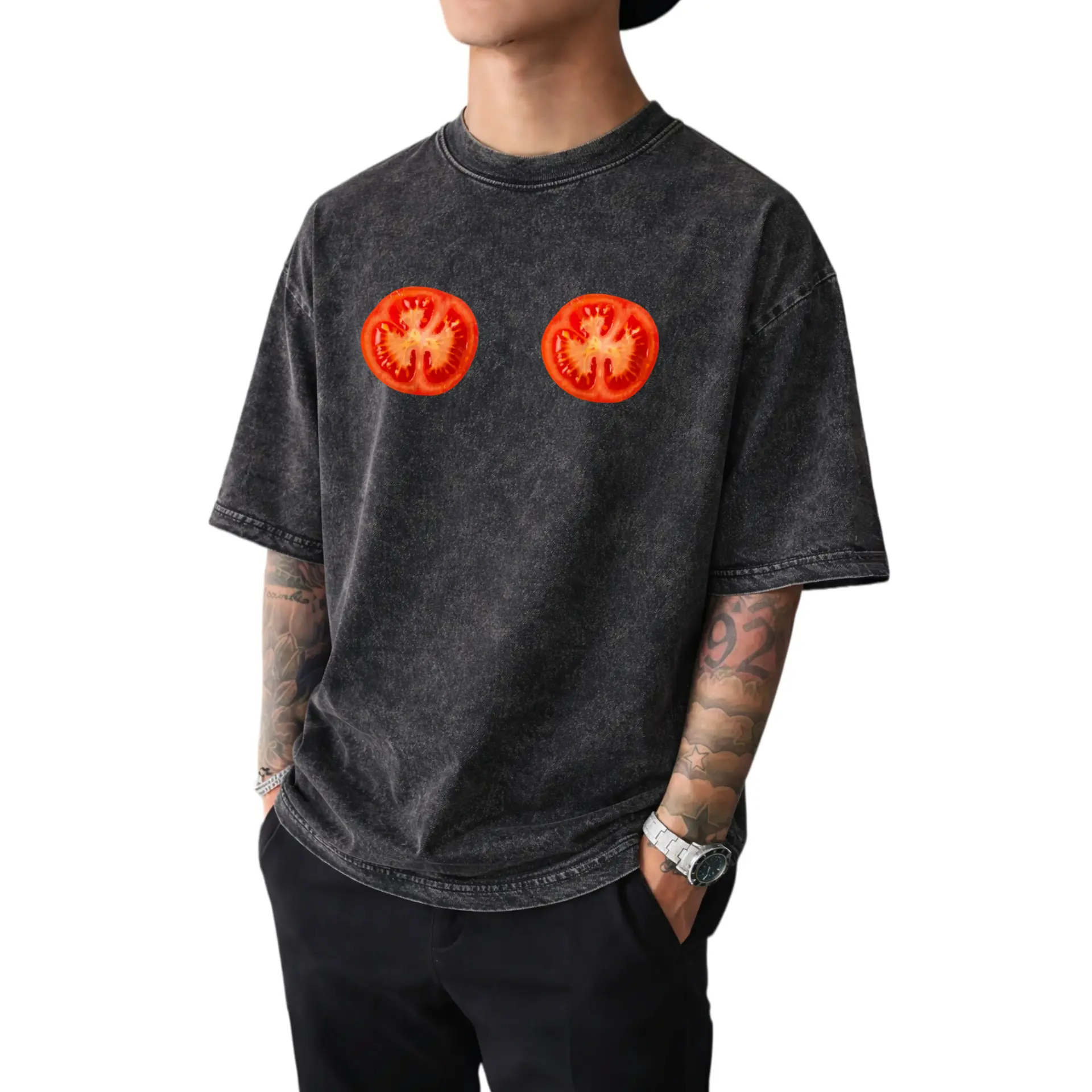 100% Cotton Tomato Costume T-Shirt – Washed Fabric with Humorous Tomato Slice Design