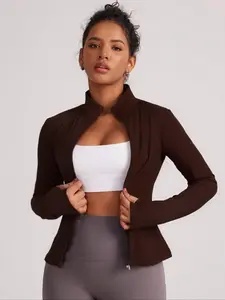Women's Solid Zip Up Sports Jacket, Sporty Long Sleeve Stand Collar Outerwear for Gym Workout Running, Ladies Sportswear Womenswear for All Seasons