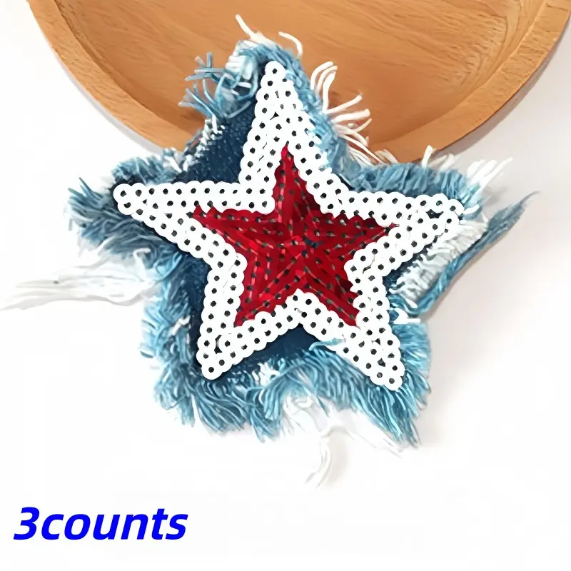 3 Pcs Denim Star Sequins Embroidery Design Patches, Blue Glitter Sparkle Sequins Iron-On Sewing Decorations, Appliques Embellishments, DIY Crafts Bags Clothing Accessories