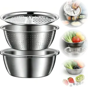 Stainless Steel 3-in-1 Stackable Multifunctional Mixing Bowls Set with Grater, Colander Strainer Drain Basket, Kitchen Utensils for Pasta, Cheese Food Prep (10.2"/26cm)