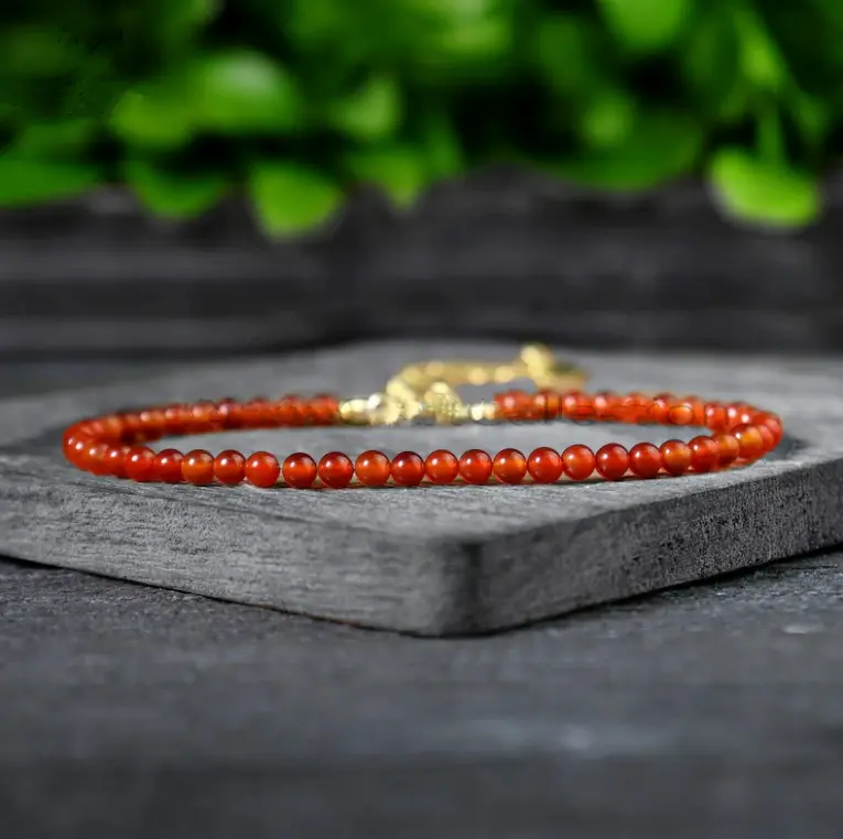 Natural Solid Carnelian 3mm Bead Semiprecious Stone Bracelet, Dainty Red Agate Crystals and Healing Stones Jewelry for Reiki, Minimalist Design