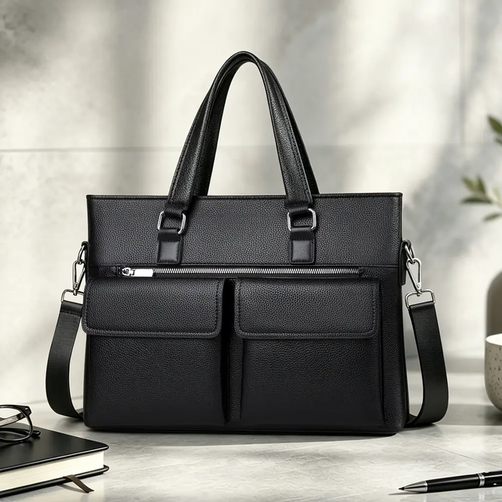 Men's PU Leather Laptop Briefcase - Plain, Minimalist Stylish Design with Zip, Adjustable Shoulder Strap, Hand-Carry Option, Holds Documents, Notebooks, Laptop for Office Commuting, Short Trips
