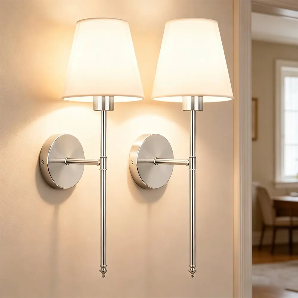 Vintage Fabric Wall Lamp Battery Powered Set, Rechargeable RGB Adjustable Light Bulb, Silver Color, Wall Mounted Lights, Dimmable Lighting, for Bedroom Living Room
