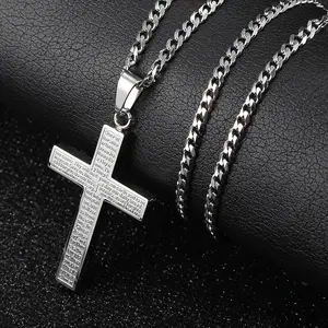 For Men Silver Jesus Christ Cross Pendant Necklace Stainless Steel Bible Engraved Charm ChristIan Jewelry Male Female Halloween Gift