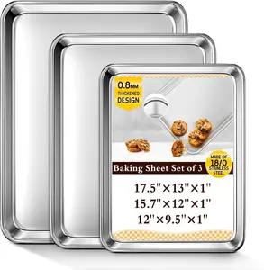 Baking Sheet Set of 3, Commercial Grade Stainless Steel Cookie Sheets for Baking, 12/16/17.5 Inch, Thicker and Firmer Baking Pans Set, Rust & Warp Resistant & Nonstick, Nontoxic&Heavy Duty&Easy Clean
