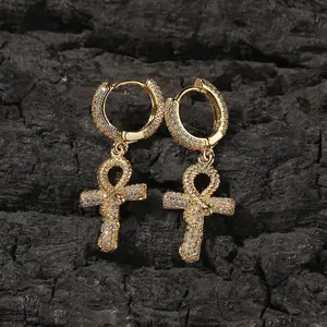 Ankh Snake Drop Huggie Earrings for Men and Women 14K Gold Plated Cross Earrings Hip Hop Jewelry for Gift