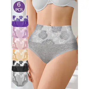 QUASTI Women's 6PCS Colorful Colorblock High Waist Cotton Panties - 6 Mix Colors Printed Seamless Full Coverage No Show Briefs, Light Soft Breathable Women's Clothes for Everyday Wear, S-XXL