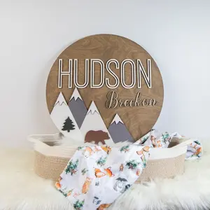 Woodland Nursery Name Sign, 15-24 Inch Personalized Wooden Name Sign, 3D Round Mountain Baby Name Sign, Round Wood Name Sign, 3D Name Sign