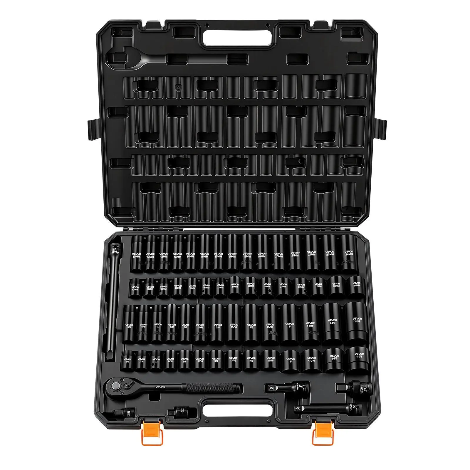 VEVOR 65-Piece Universal Impact Socket Set, 1/2" Drive 6-Point Ratchet Set, SAE 3/8"-1-1/4" & Metric 10-24mm, Cr-V Alloy Steel Car Tools, Easy Identification, Sturdy Storage Case for Vehicle Repair