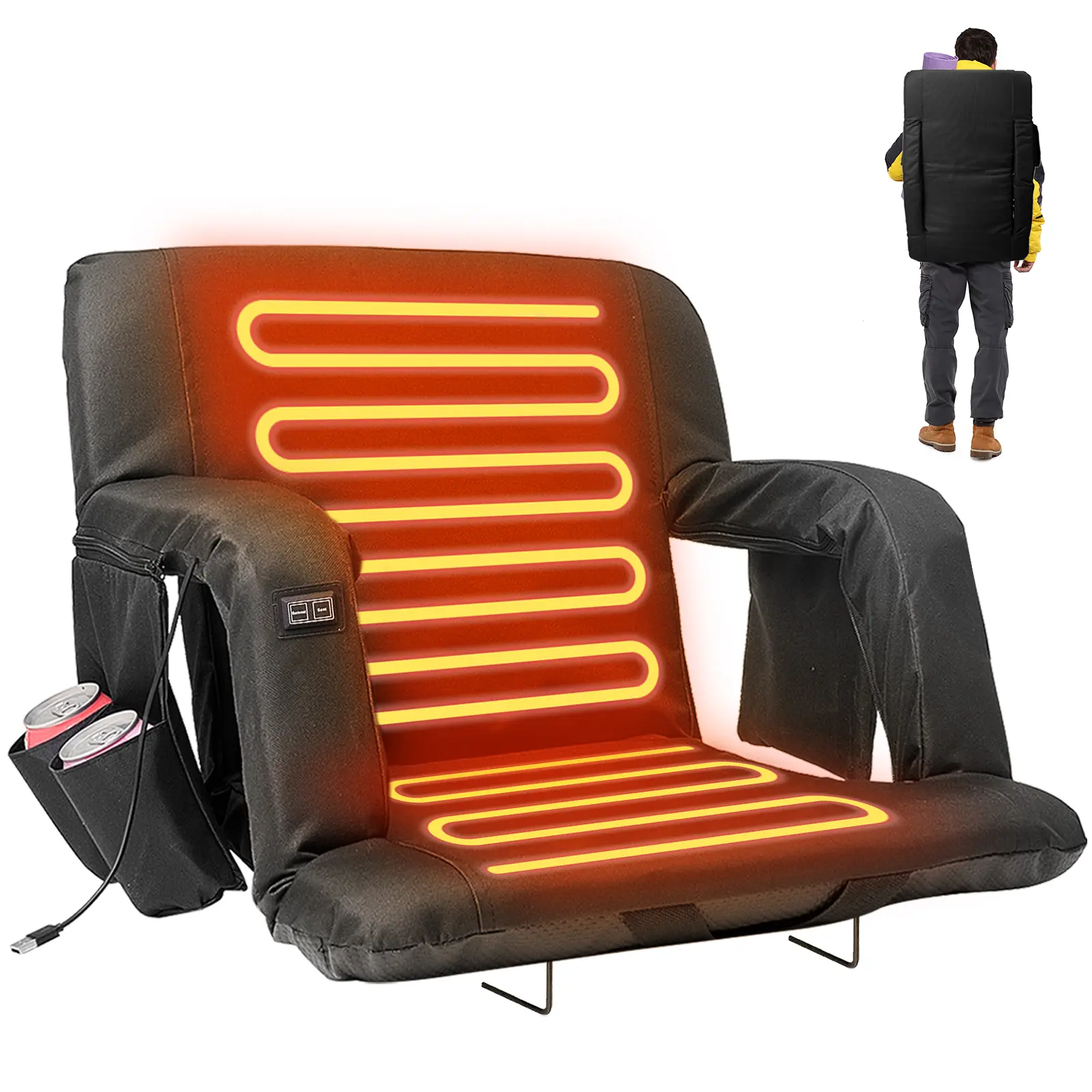 SLSY Heated Stadium Seats, Bleacher Seat with Back & Arm Support, 3 Levels of Heat, 6 Reclining Positions Stadium Seating Bleacher Seats for Sports Events, Outdoor, Hiking, Travel 【Batteries not included】