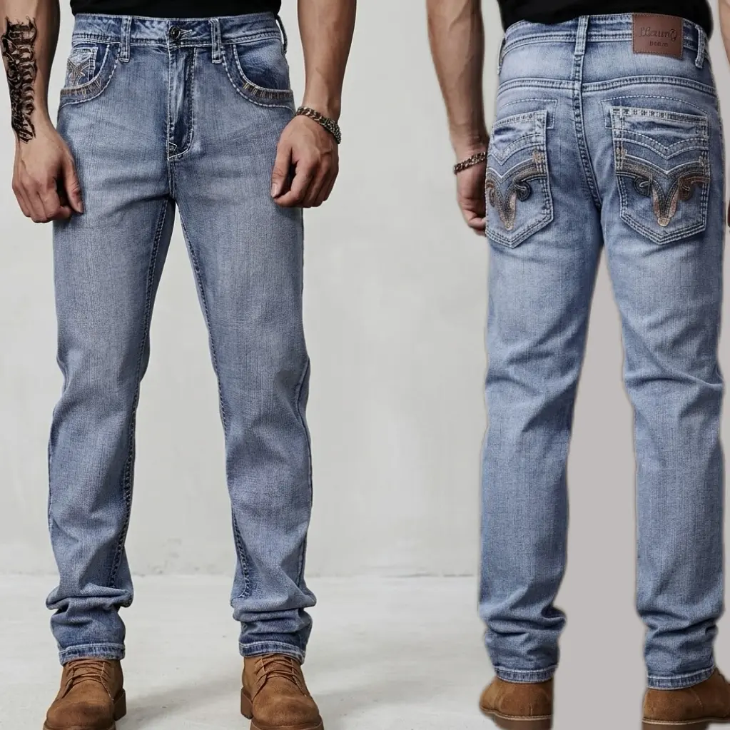 Men's Stretch Spandex Cowboy Jeans, Vintage Blue Wash Bootcut Pants, Classic Casual Fit for Summer Trendy Outfits