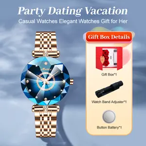 Women's Luxury 32mm Round Blue Crystal Quartz Durable Watch - Rose Gold Stainless Steel Bracelet, Diamond Accents, 30M-50M Waterproof Elegant Analog Timepiece for Party, Gifting