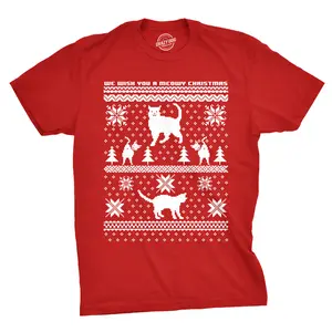 8 Bit Cat Butt Meowy Christmas T Shirt Funny Ugly Christmas Sweater Shirt Xmas Kitten Tee Mens Funny T Shirts Cool Vintage Fashion T-Shirt Gift Classic Menswear Christmas Apparel for Men Funny Knit Pattern Red