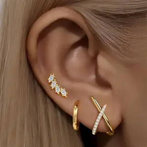 (Individual)14K Gold Plated Cubic Zirconia Stud Earrings Set of 3 for Women, Dainty Hypoallergenic Earring Set, Minimalist Christmas Birthday Jewelry Gifts for Girls