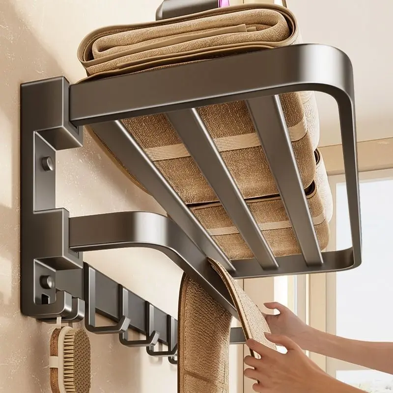 Modern Wall-Mounted Double-Fold Towel Rack, Space Aluminium No-Drill Adhesive Bathroom Shelf with 7 Hooks, 50cm/60cm (19.7in/23.6in), Gunmetal Gray/White