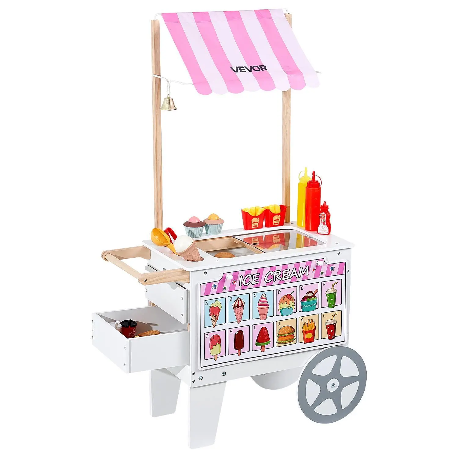 【SummerFinds】VEVOR Ice Cream Cart for Kids, 20+ PCS Accessories, Pretend Play Ice Cream Shop Kitchen Food Toys with Ice Cream Cone & Popsicle, Awning & Freezer, Storage Drawers & Flipping Menus, For Kids Aged 3-7