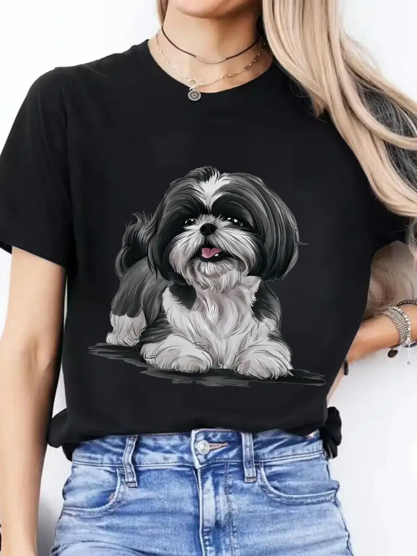 Women's Shih Tzu Dog Print Tops, Casual Crew Neck T-Shirt in Soft 100% Cotton Fabric for Everyday Wear - Made in USA, Shortsleeve, Regular Fit