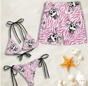 Pink Zebra Skull Matching Couple Swimwear Set, His Hers Bikini Trunks