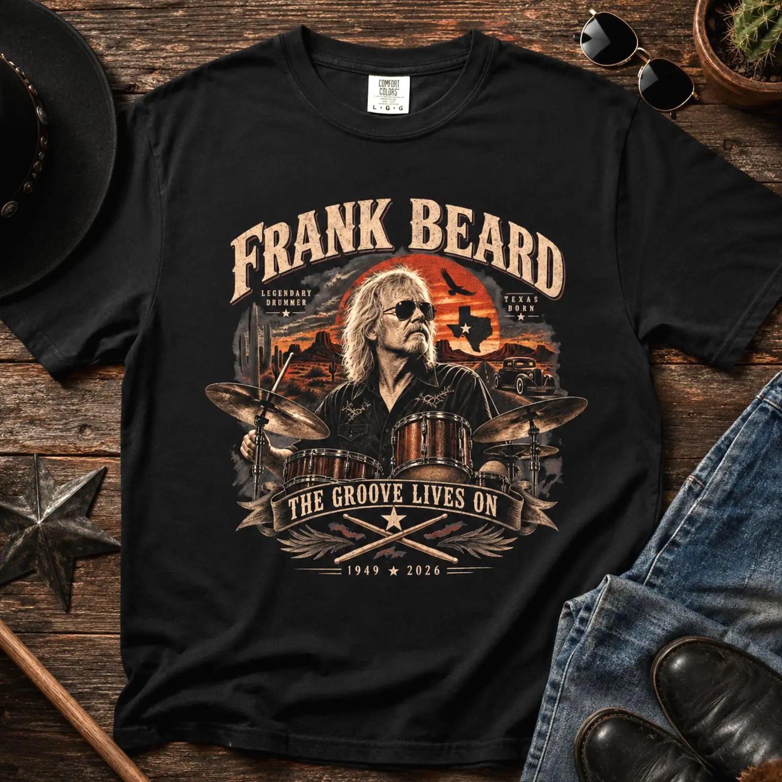 Frank Beard Tribute T Shirt Comfort Colors 1717 - Vintage Drummer Memorial Tee, Texas Rock Music Graphic Shirt, Classic Rock Merch Top
