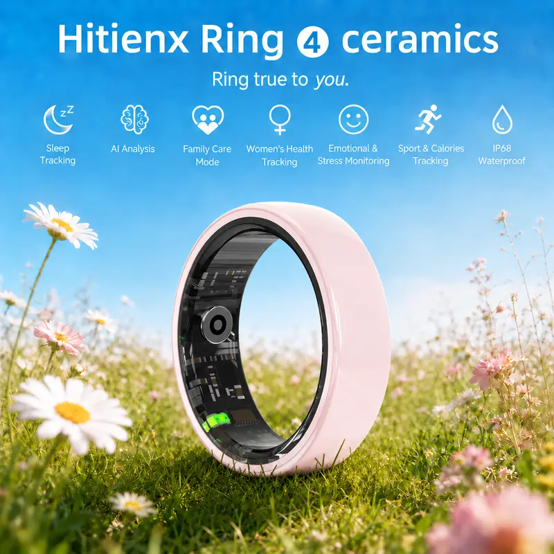 Hitienx Pink Ceramic Smart Ring for Women, Activity Tracker, Nighttime Sleep & Cycle Tracking, Heart Rate & Stress Monitor, IP65 Water Resistant, 3–5 Day Battery, iOS & Android, Charging Case Included Wearable