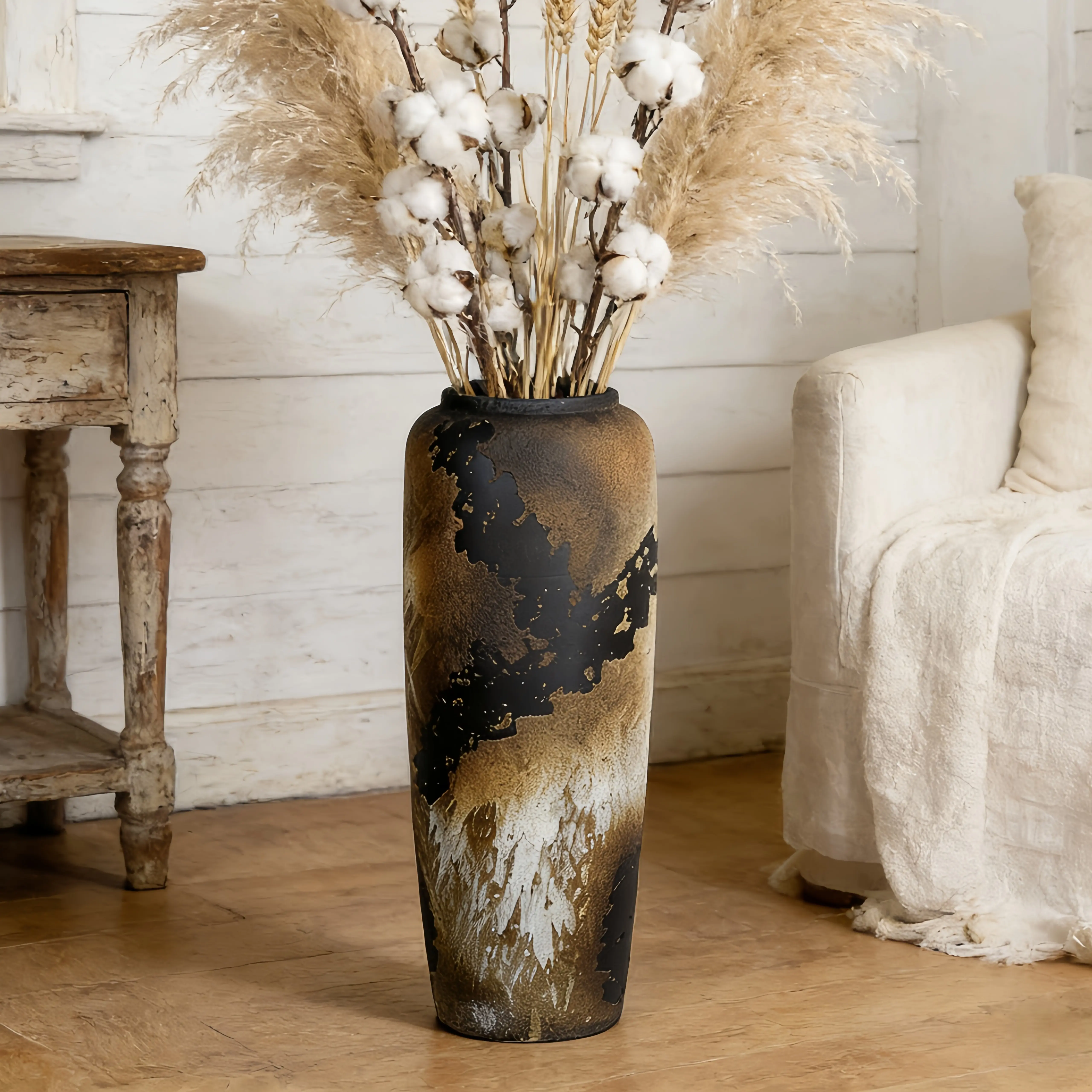 Rustic Distressed Black & Gold Ceramic Vase - Thick Weight Multi-Size (16in/20in, 40-50cm) Sturdy Decorative Accent for Floors, Tables, Indoor Modern Farmhouse Art Piece
