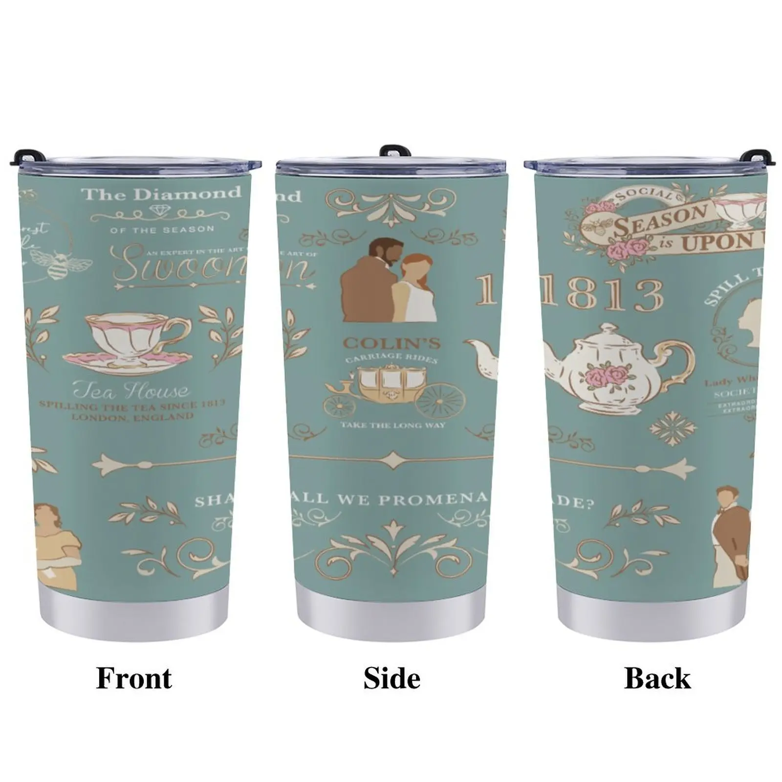 Classic Vintage Regency Era Bridgerton Colin 1813 Tea House Pattern 20oz Stainless Steel Leakproof Insulated Vacuum Flask Tumbler, Kitchenware Drinkware for Book Fans, Book Club Enthusiasts