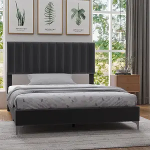 Dark Grey Queen Platform Bed with Adjustable Velvet Headboard, Premium Wooden Slat Support for Stable & Noise-Free Rest, Sleek Modern Bedroom Furniture, Quick Hassle-Free Assembly, Comfortable Daily Sleeping Base, No Additional Foundation Required