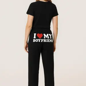 I Love My Boyfriend Black  Pajamas - Luxurious Soft Plushie Loungewear for All Seasons Comfortable Sizes X-Small to 3XL Matching Pj Set Nightwear Womenswear