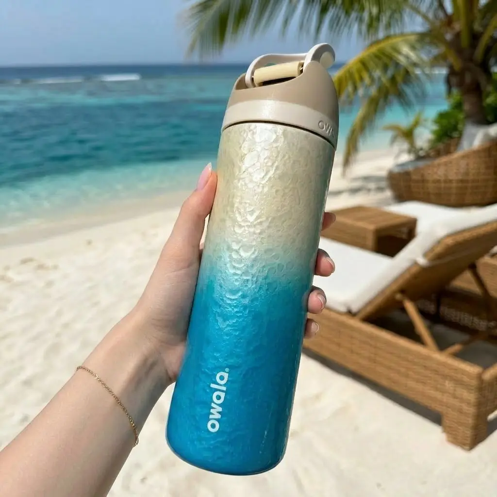 Owala FreeSip Stainless Steel Water Bottle (24 oz) – "Birthday Bash 2026" Special Edition featuring a trendy ocean-blue water-ripple design, double-wall vacuum insulation, and a built-in straw.