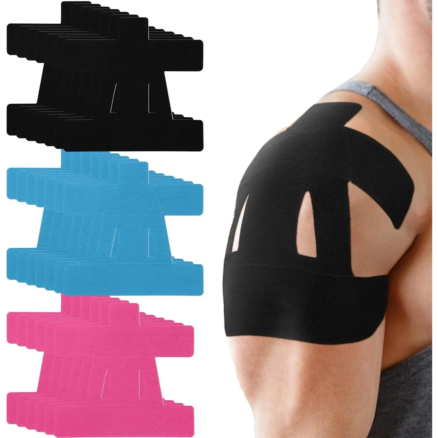 Pre-Cut Kinesiology Tape for Shoulders, 20 Pack Breathable Elastic Cotton Athletic Tape for Muscle Support & Pain Relief for Athletes, Elastic Athletic Tape