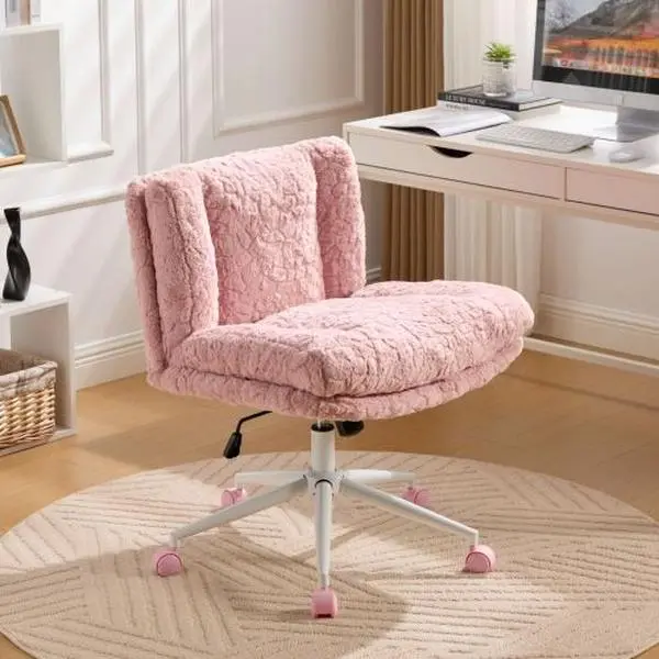 Artificial Rabbit Hair Adjustable Ergonomic Office Chair - Metal Base, Comfortable Swivel Computer Task Chair for Home Office, Vanity Use (Pink), Adjustable Ergonomic Chair