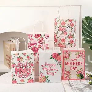Mother's Day Rose Flower Series Handbag Set, Small Fresh Plant Floral Print Gift Bag, Cowhide Paper Shopping Bag, Mother's Day Present Bag, Gifts For Mom