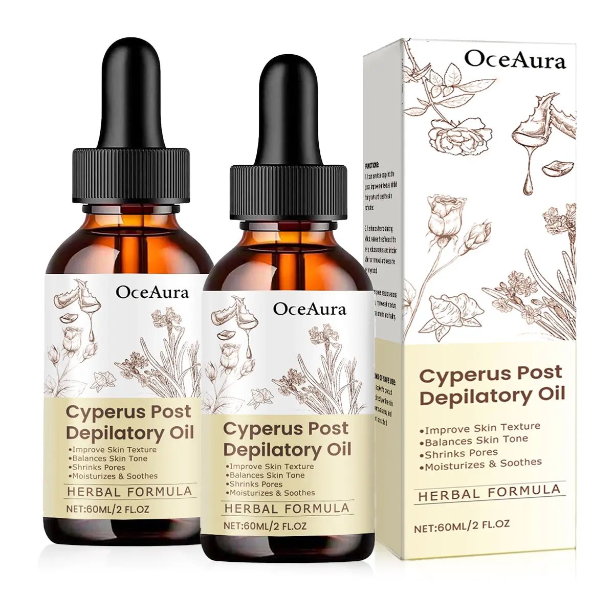 OCEAURA Natural Hair Reduction Oil Cyperus Rotundus Formula for Smoother Skin Moisturizing Body Care All Skin Types 60ml Gentle Plant Based Moisturizer for Hydrate & Repair