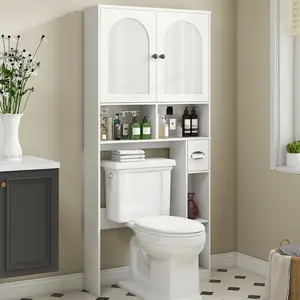 Vabches Rattan Toilet Storage Cabinet, Over Toilet Storage Wood Cabinet with 2 Doors & Toilet Paper Holder Stand, Bathroom Organizer Home Space Save Toilet Rack for Bathroom, Laundry, Restroom