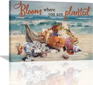 Beach Wall Art Coastal Floral Seascape Pictures Flower Seashell Canvas Painting Modern Artwork Home Decorations for Bathroom Living Room Bedroom Office Framed