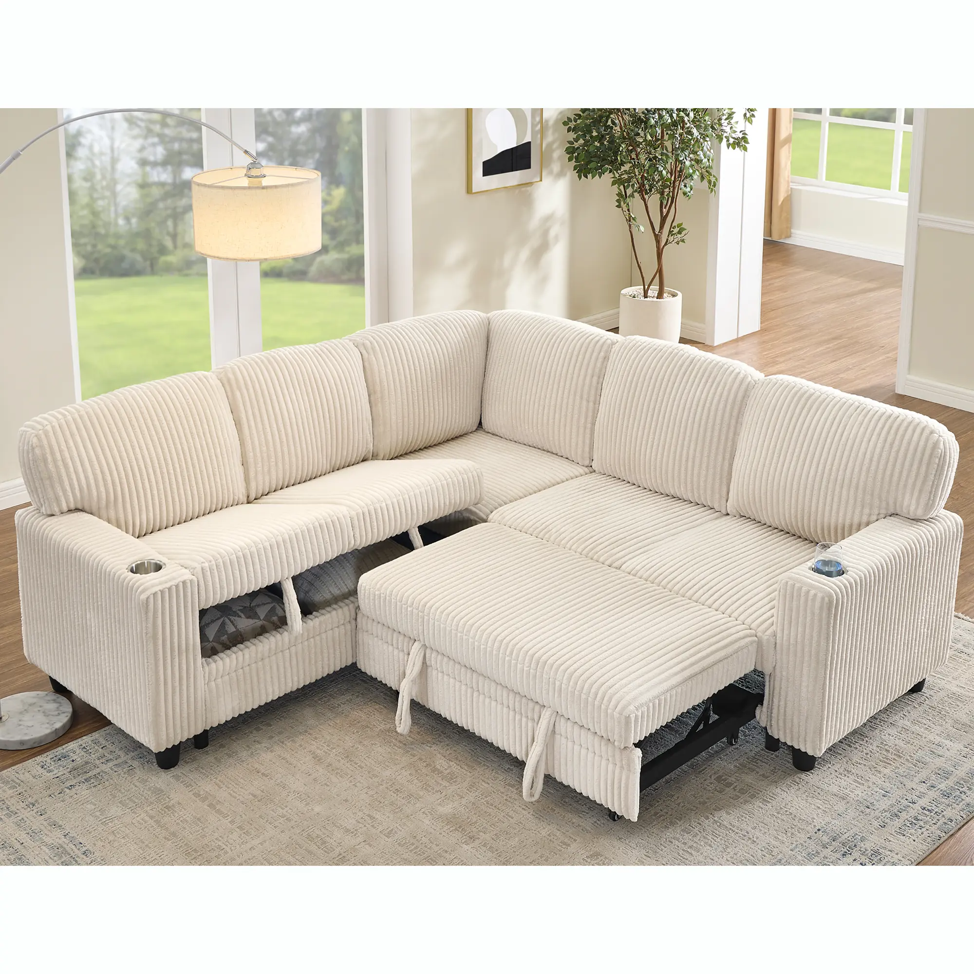 Eyisean 81" L-Shaped 3-Piece Sectional Sleeper Sofa, 5-Seater 2-in-1 Modular Couch with Pull-Out Bed, Storage Space & USB Charging, Comfy Corduroy Sofa for Living Room, Apartment, 2 In-1 Sofas & Couches, 3-Piece Sectional Sofas & Couches