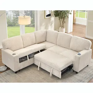 Eyisean 81"W L-Shaped Sectional Sleeper Sofa with Pull Out Bed, 5-Seater Modular Couches with Storage Space and USB Charging, Comfy Corduroy Cloud Couch for Living Room, Apartment