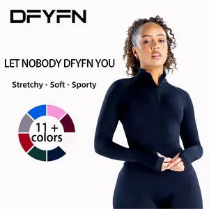 (With Logo) DFYNE Impact Half Zippy Crop Top & Seamless Long Sleeve Pants  for Women - High Elastic  Sports Wear for Summer Quick-Dry Compression Fitness Set