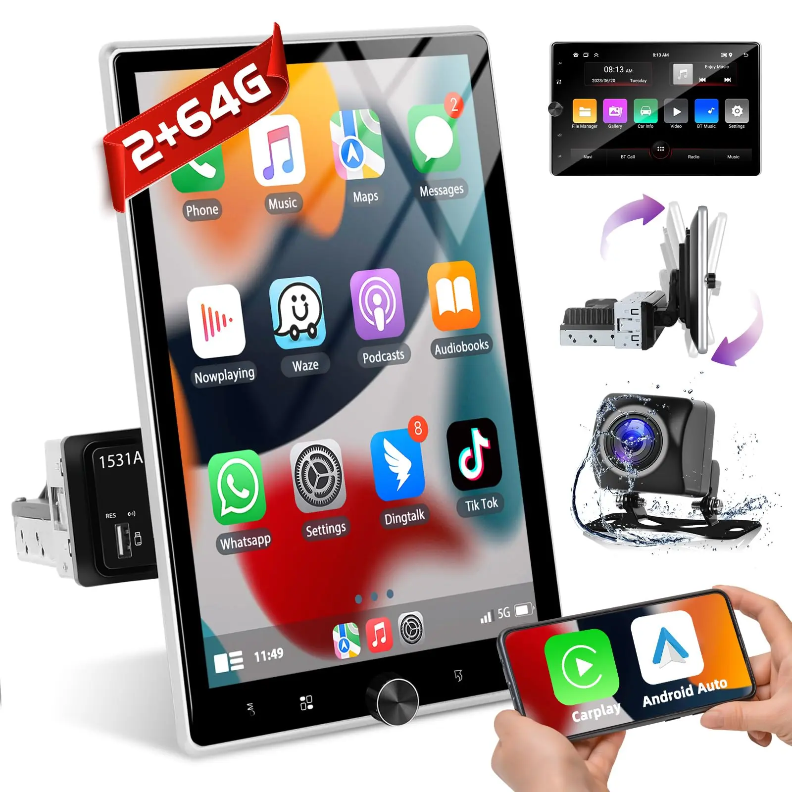 10.4" HD LCD Single Din Car Radio CarPlay Screen for Car - 2G+64G Vertical Touchscreen Stereo with Wireless CarPlay, Android Auto, Voice Control, Mirror Link, GPS, Bluetooth, RDS/FM, Mic, Backup Camera