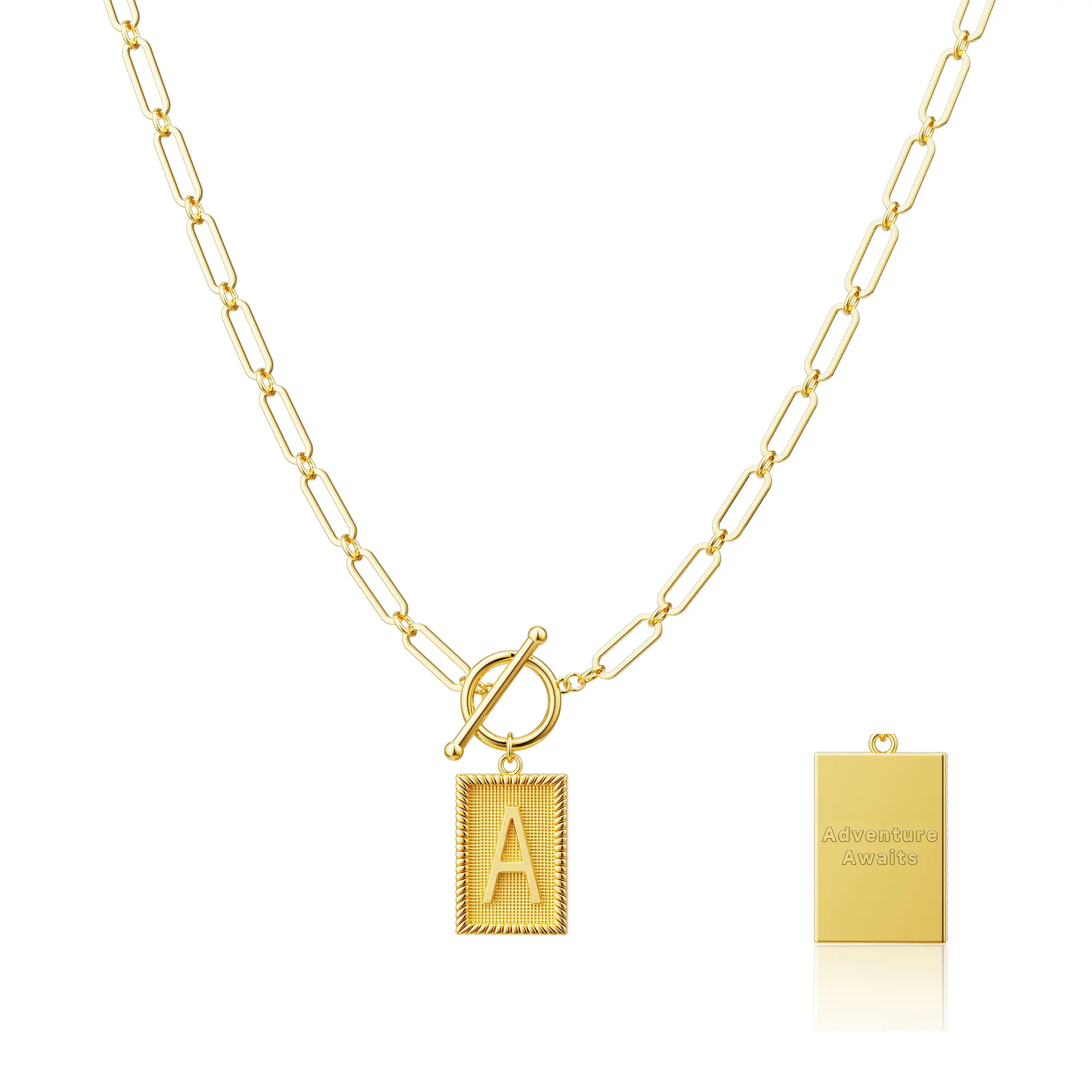 Tewiky 14K Gold Plated Neclace For Women  Initial Necklaces for Women, Toggle Clasp Square Letter Pendant Necklace Trendy Dainty Paperclip Chain Necklaces  Jewelry Gifts, Gift