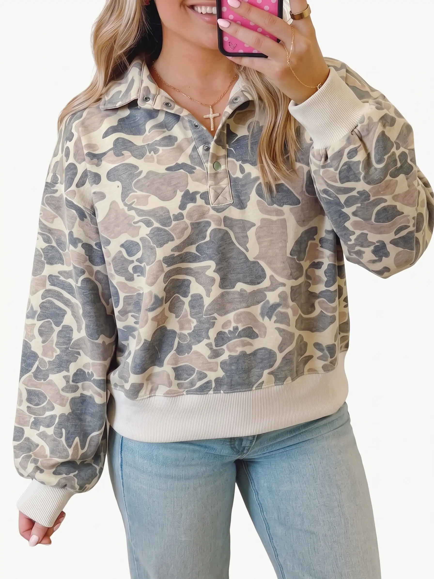 Women's Camo Print Pullover Sweatshirt Long Sleeve Collared Henley Tops Casual Relaxed Fit Drop Shoulder Shirts