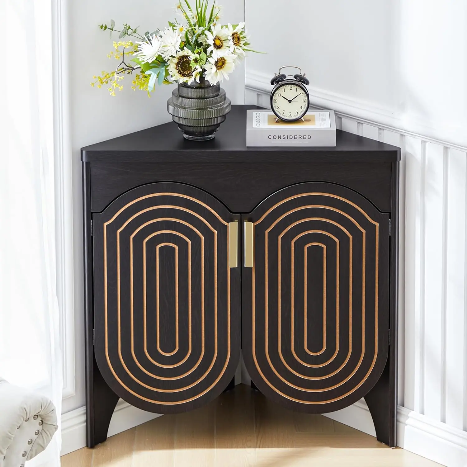FurSch Small Corner Storage Cabinet, Mid Century Modern Floor Corner Cabinet with Curved Doors and Adjustable Shelves，Freestanding Narrow Corner Cabinet Organizer for Bathroom, Living Room