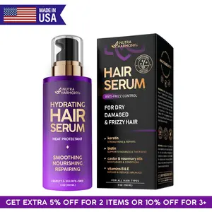 Hydrating Hair Serum For Frizzy, Dry and Damaged Hair - Leave-In Conditioner with Keratin | Biotin | Castor & Rosemary Oils | Vitamins B & E Treatment - Heat Protection - Paraben & Sulfate Free