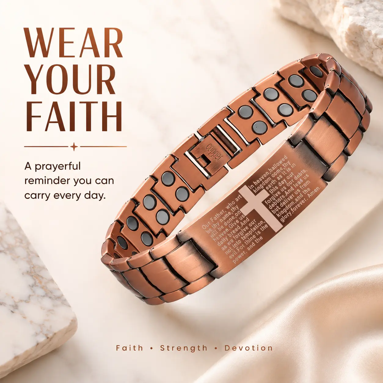 Men's 99.9% Copper Magnetic Cross Bracelet with 3500 Gauss Magnet Adjustable Design Bible Cross Men's Health Gift Pure Copper Field Therapy Jewelry Megnetic Accessories Bracelet Energy
