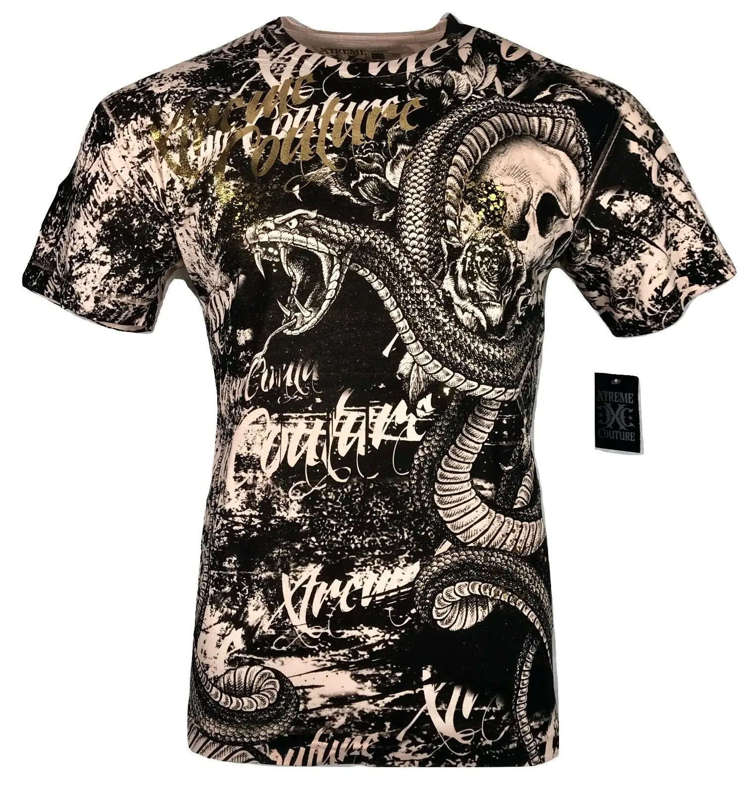 Xtreme Couture Men's Blacktooth Skull Graphic Print T-Shirt | Fitted Cut Biker Streetwear Crew Neck Top in 100% Cotton with Gold Foil, Streetwear-Ready For Nights Out, Short Sleeves, Easy Cool, Back Graphic Completes The Look, 90S Kid Aesthetic