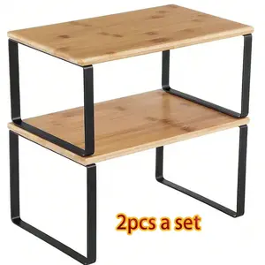 Cabinet Organizer Shelf, Set Of 2 Kitchen Counter Shelves, Kitchen Storage, Spice Rack, Stackable, Expandable, Metal And Engineered Wood, Ink Black And Natural Beige