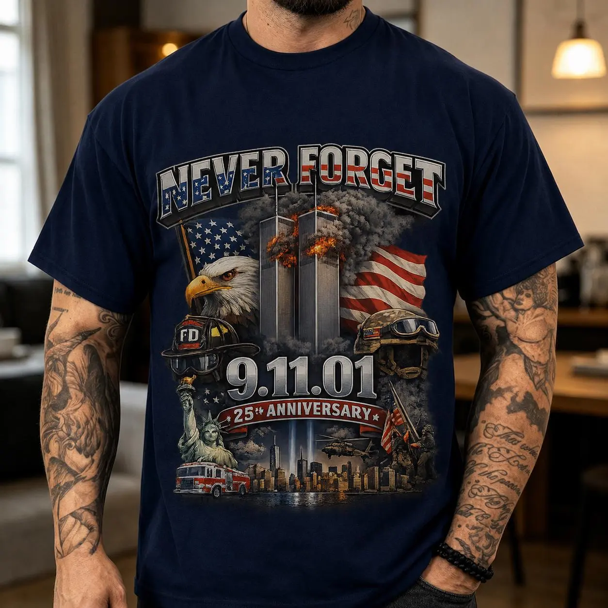 [Sale Up To 50%] Never Forget 911 Memorial T-Shirt, Patriotic American Flag Tribute Tee, Graphic Streetwear T-shirt